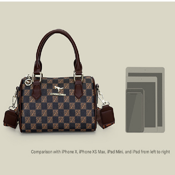 Khaki checkered pattern Stylish PU Leather Boston Bag - Elegant Retro Single Shoulder Crossbody Handbag for Women