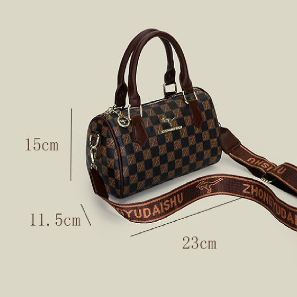 Khaki checkered pattern Stylish PU Leather Boston Bag - Elegant Retro Single Shoulder Crossbody Handbag for Women