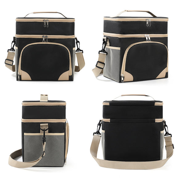 Grey Dual Layer Insulated Lunch Bag 12L Large Capacity Cooler Tote with Adjustable Strap Leakproof Thermal Food Carrier for Work Picnic and Camping