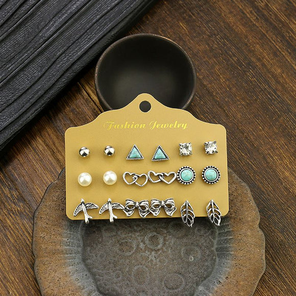 Alloy Stud Earring Set - 9 Pairs with Heart, Leaf & Turquoise Designs for Women