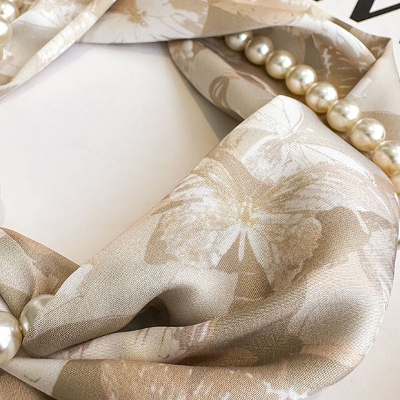 Blue Butterfly 2-in-1 Magnetic Pearl Scarf & Necklace Set - Floral Print Polyester Neck Wrap with Detachable Bead Chain