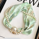 Light Green 2-in-1 Magnetic Pearl Scarf & Necklace Set - Floral Print Polyester Neck Wrap with Detachable Bead Chain-1