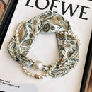 Green leaf pattern 2-in-1 Magnetic Pearl Scarf & Necklace Set - Floral Print Polyester Neck Wrap with Detachable Bead Chain-1