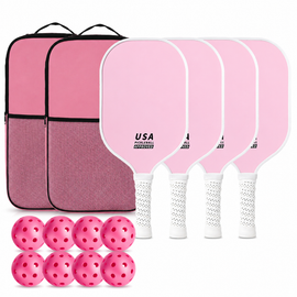 Pink Fiberglass Pickleball Paddle Set - 4 Minimalist Paddles, 8 Balls, and 2 Carry Bags for Outdoor Play
