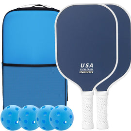 Dark Blue Fiberglass Pickleball Paddle Set - 4 Minimalist Paddles, 8 Balls, and 2 Carry Bags for Outdoor Play - 0