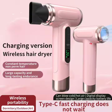 Gray wireless Hair Dryer with Cold & Hot Air, Portable Large-Capacity Rechargeable Ionic Dryer, Fast-Drying, Lightweight and Compact for Home and Travel - 0
