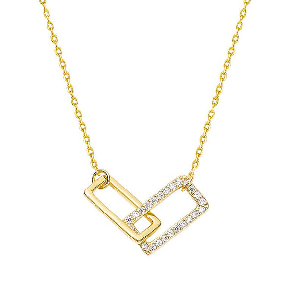 Gold Minimalist Double Rectangle Necklace – Geometric Zirconia Clavicle Chain with Adjustable Extender 