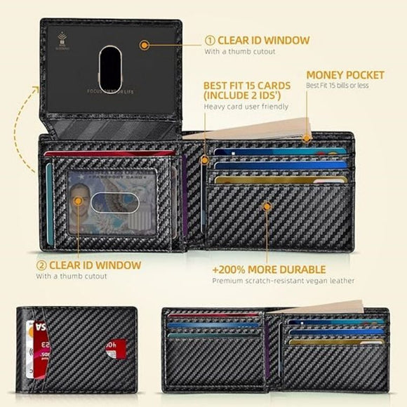 Black Men's Vegan Leather Slim Trifold Wallet - RFID Blocking, Dual ID Windows & 15 Card Slots - Minimalist Gift for Business and Travel