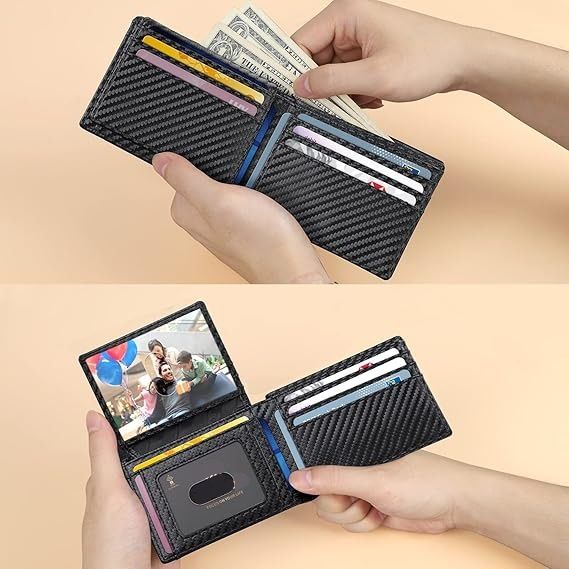 Black Men's Vegan Leather Slim Trifold Wallet - RFID Blocking, Dual ID Windows & 15 Card Slots - Minimalist Gift for Business and Travel