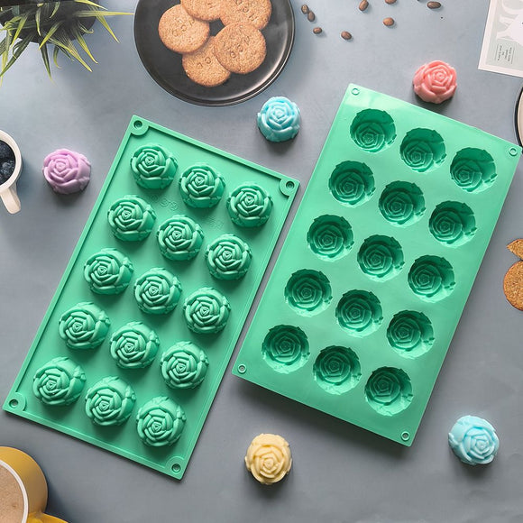 2PCS Blue 3D Rose Shaped Silicone Baking Mold (15 Cavity) - Non-Stick Cake Chocolates & Jelly Pan - Durable Flexible Easy Release for Holiday Desserts
