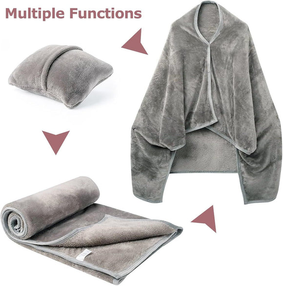 3-in-1 Envelope Folding Travel Blanket / Pillow / Wearable Snap-on Shawl - Soft Thickened 230GSM Flannel Nap Blanket for Airplane, Office and Home, Space Saving & Machine Washable, Coffee 40 x 60 inch
