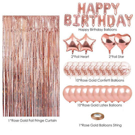 Pink Premium Foil Balloon Party Kit – Happy Birthday Banner, 2 Star & 2 Heart Foil Balloons, 10 Confetti + 10 Pearl Latex Balloons, 2m Fringe Curtain & 10m Ribbon – Elegant, Easy Setup for Birthdays & Celebrations - 0