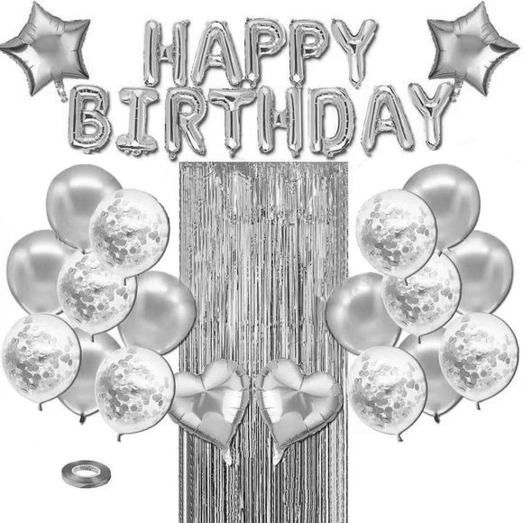Pink Premium Foil Balloon Party Kit – Happy Birthday Banner, 2 Star & 2 Heart Foil Balloons, 10 Confetti + 10 Pearl Latex Balloons, 2m Fringe Curtain & 10m Ribbon – Elegant, Easy Setup for Birthdays & Celebrations