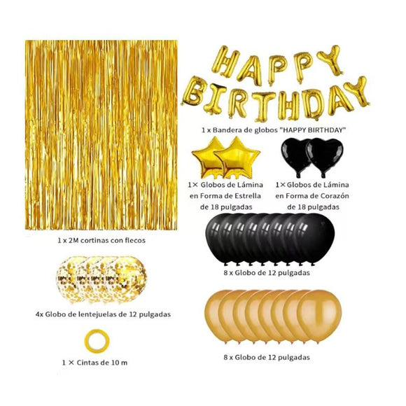 Blue Premium Foil Balloon Party Kit – Happy Birthday Banner, 2 Star & 2 Heart Foil Balloons, 10 Confetti + 10 Pearl Latex Balloons, 2m Fringe Curtain & 10m Ribbon – Elegant, Easy Setup for Birthdays & Celebrations