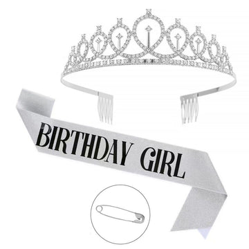 2-piece Silvery Birthday Girl Tiara and Sash Set - Elegant Rhinestone Alloy Crown with , Glitter "BIRTHDAY GIRL" Sash & Safety Pin - Perfect Princess Party Accessory for Women and Girls