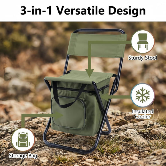 3-in-1 Green Large Portable Folding Camping Chair with Zippered Cooler Bag and 35*35cm Thick Plush Seat Cushion, Outdoor Fishing and Picnic Stool with Backrest and 25 *27 *18.5cm Insulated Storage Pocket