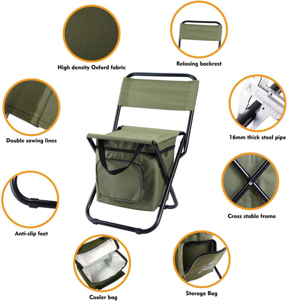 3-in-1 Green Large Portable Folding Camping Chair with Zippered Cooler Bag and 35*35cm Thick Plush Seat Cushion, Outdoor Fishing and Picnic Stool with Backrest and 25 *27 *18.5cm Insulated Storage Pocket