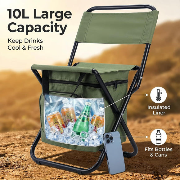 3-in-1 Green Large Portable Folding Camping Chair with Zippered Cooler Bag and 35*35cm Thick Plush Seat Cushion, Outdoor Fishing and Picnic Stool with Backrest and 25 *27 *18.5cm Insulated Storage Pocket