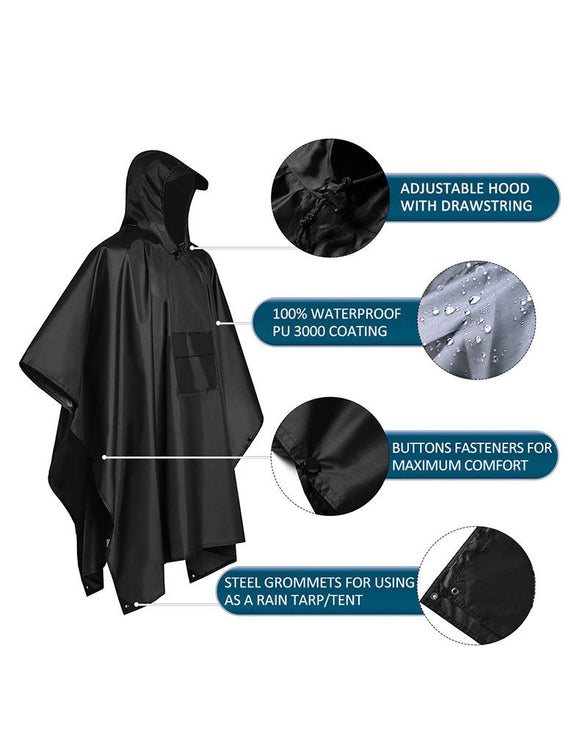 3-in-1 Blue Camping Rain Poncho / Outdoor Shelter Tarp / Ground Sheet (82.7 x 55 inch) with 2 Pairs Rain Shoe Covers - Large Backpack Coverage, Drawstring Hood and Carry Bag for Hiking Trekking Cycling Use