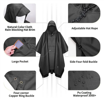 3-in-1 Grey Camping Rain Poncho / Outdoor Shelter Tarp / Ground Sheet (82.7 x 55 inch) with 2 Pairs Rain Shoe Covers - Large Backpack Coverage, Drawstring Hood and Carry Bag for Hiking Trekking Cycling Use - 0