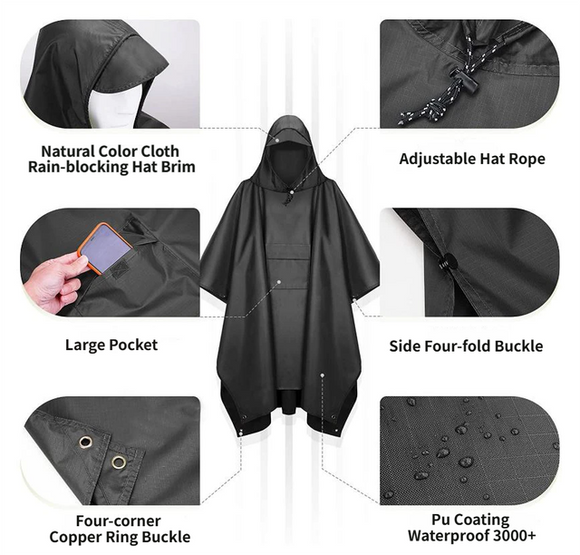 3-in-1 Grey Camping Rain Poncho / Outdoor Shelter Tarp / Ground Sheet (82.7 x 55 inch) with 2 Pairs Rain Shoe Covers - Large Backpack Coverage, Drawstring Hood and Carry Bag for Hiking Trekking Cycling Use