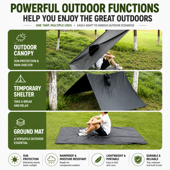 3-in-1 Grey Camping Rain Poncho / Outdoor Shelter Tarp / Ground Sheet (82.7 x 55 inch) with 2 Pairs Rain Shoe Covers - Large Backpack Coverage, Drawstring Hood and Carry Bag for Hiking Trekking Cycling Use