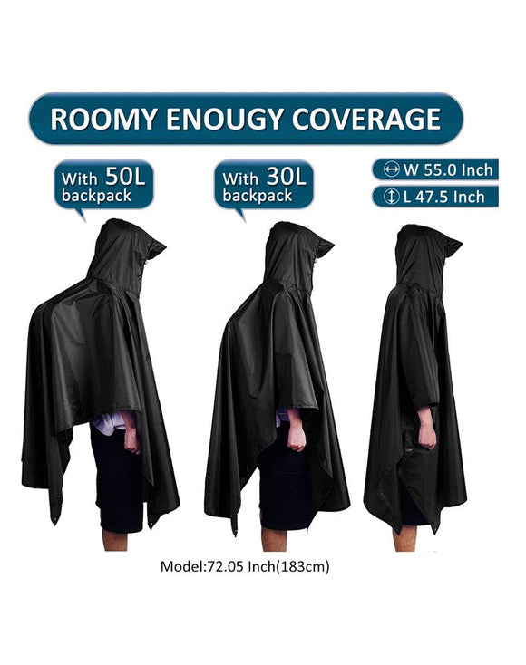 3-in-1 Grey Camping Rain Poncho / Outdoor Shelter Tarp / Ground Sheet (82.7 x 55 inch) with 2 Pairs Rain Shoe Covers - Large Backpack Coverage, Drawstring Hood and Carry Bag for Hiking Trekking Cycling Use