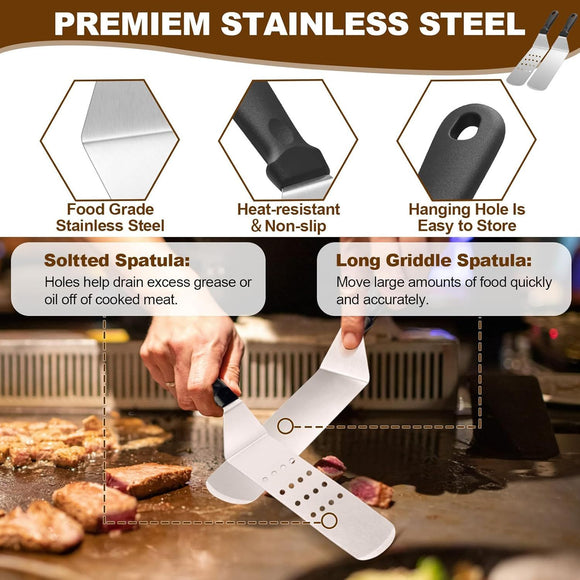 14PCS Stainless Steel BBQ Griddle Tool Kit with Carry Bag, Flat Top Grill Accessories Set for Blackstone and Camp Chef - 4 Grill Spatulas, Tong, Scraper, 2 Oil Bottles and Heart / Round Egg Rings for Outdoor Barbecue