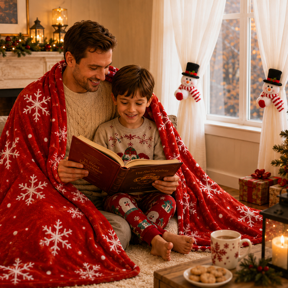 Christmas Flannel Throw Blanket and Snowman Curtain Tieback Set, 150x200cm Thick Fleece Sofa Blanket with 2 Plush Snowman Velcro Curtain Holders for Holiday Home Decor