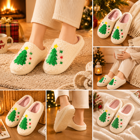 Christmas Home Comfort Set with Flannel Throw Blanket 130x150cm, Plush Indoor Slippers AU 8-9 and Santa Curtain Tiebacks, Cozy Holiday Gift Bundle