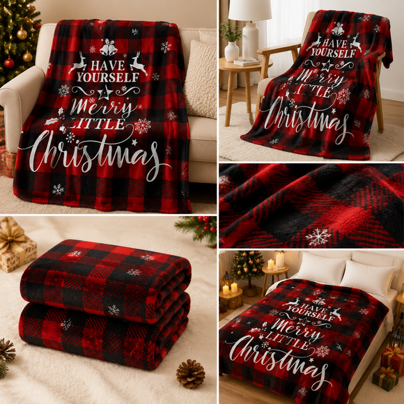 Christmas Home Comfort Set with Flannel Throw Blanket 130x150cm, Plush Indoor Slippers AU 12-13 and Santa Curtain Tiebacks, Cozy Holiday Gift Bundle