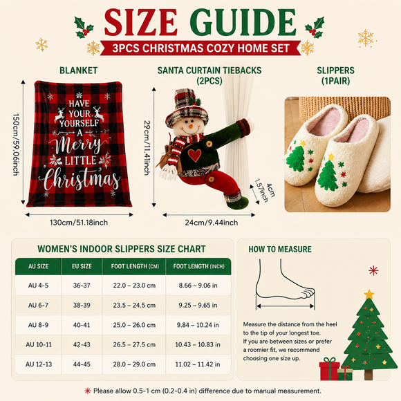 Christmas Home Comfort Set with Flannel Throw Blanket 130x150cm, Plush Indoor Slippers AU 12-13 and Snowman Curtain Tiebacks Set of 2, Festive Holiday Gift Bundle