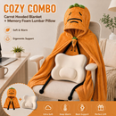 Carrot Hooded Blanket with Beige-grey Memory Foam Lumbar Support Pillow, Cozy Wearable Throw Blanket and Ergonomic Back Cushion Set for Office, Home, Study and Relaxation-1