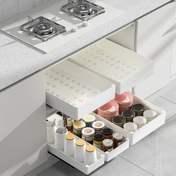 69CM White Extended Pull Out Cabinet Organizer (Medium Tray 38 x 18 x 6.5cm) - Slide Out Drawer Shelves & Base Cabinet Storage Trays for Kitchen Spices, Bowls, and Cookware
