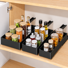 3 Pieces Black Extended Pull Out Cabinet Organizer Set (Small + Medium + Large Tray) - Slide Out Drawer Shelves & Base Cabinet Storage Trays for Kitchen Spices, Bowls, and Cookware - 0