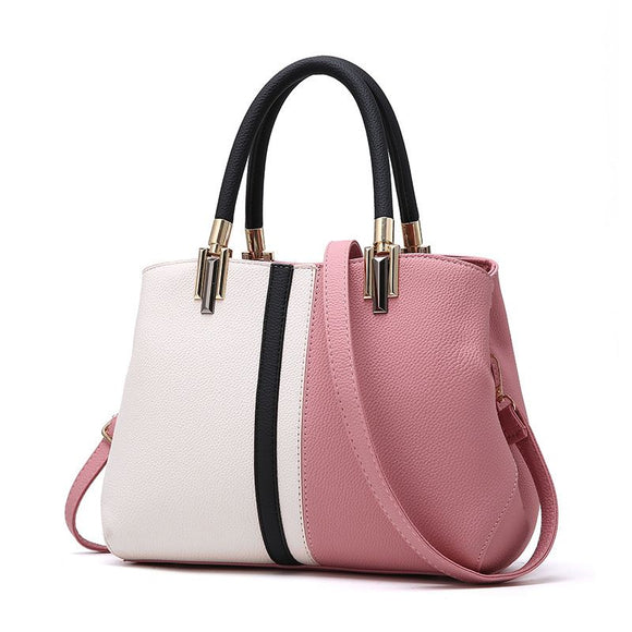 Large Capacity Color Block PU Leather Handbag, Square Shoulder Crossbody Bag with Bottom Rivets & Multi‑Pocket Storage for Daily Casual Use, Pink and White 29 x 21 x 14CM