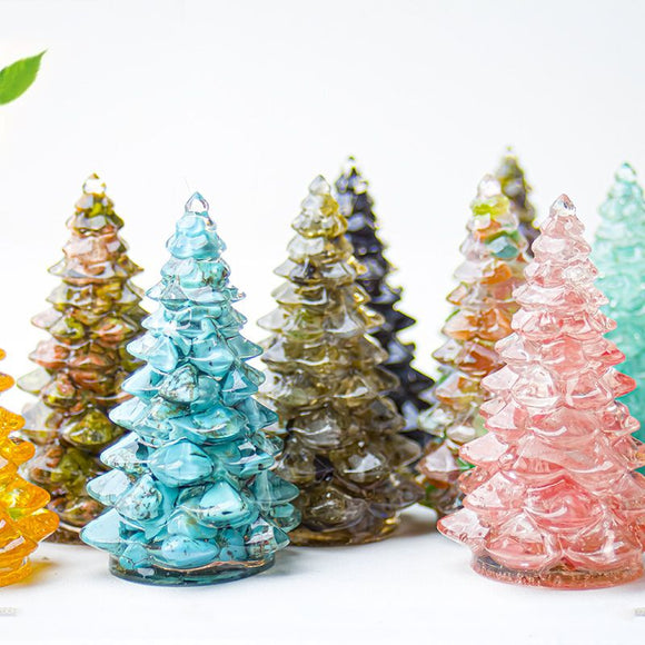 Jelly-like Iridescent Resin Crystal Christmas Tree Ornament - 55 x 87mm Decorative Mixed Gemstone Style Tabletop Tree for Festive Home Decor Gift Giving