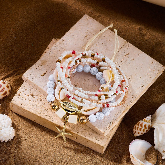 White Bohemian Layered Beach Bracelet Set (Boxed) - 8 PCS Women's Stackable Clay Beaded Bracelets with Cowrie Shells & Starfish Charm, Eco-Friendly Coastal Summer Holiday Jewellery