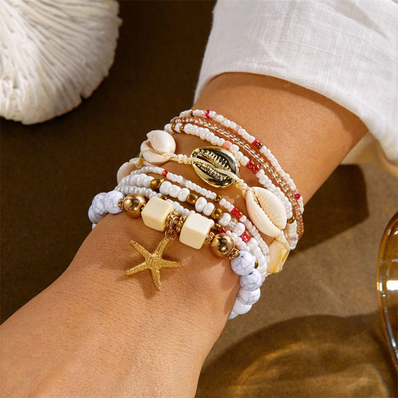 White Bohemian Layered Beach Bracelet Set (Boxed) - 8 PCS Women's Stackable Clay Beaded Bracelets with Cowrie Shells & Starfish Charm, Eco-Friendly Coastal Summer Holiday Jewellery