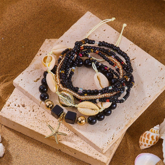 Black Bohemian Layered Beach Bracelet Set (Boxed) - 8 PCS Women's Stackable Clay Beaded Bracelets with Cowrie Shells & Starfish Charm, Eco-Friendly Coastal Summer Holiday Jewellery