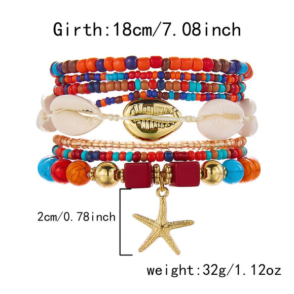 Black Bohemian Layered Beach Bracelet Set (Boxed) - 8 PCS Women's Stackable Clay Beaded Bracelets with Cowrie Shells & Starfish Charm, Eco-Friendly Coastal Summer Holiday Jewellery