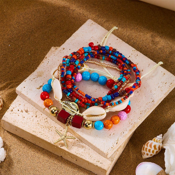 Colorful Bohemian Layered Beach Bracelet Set (Boxed) - 8 PCS Women's Stackable Clay Beaded Bracelets with Cowrie Shells & Starfish Charm, Eco-Friendly Coastal Summer Holiday Jewellery