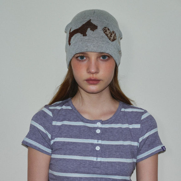 Women's Cute Dog Jacquard Knitted Beanie Hat with Leopard Heart - Wool Blend Winter Skull Cap, Soft Lightweight Warm Knit Hat for Stylish Casual Outfits