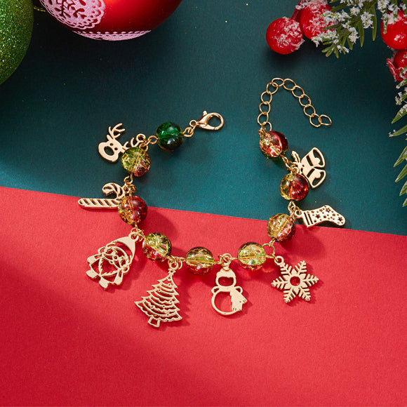 #2 Christmas Charm Colourful Beaded Bracelet for Women (Boxed) - Zinc Alloy Holiday Jewellery Gift with Christmas Tree, Santa Claus, Snowflake and Snowman Pendants