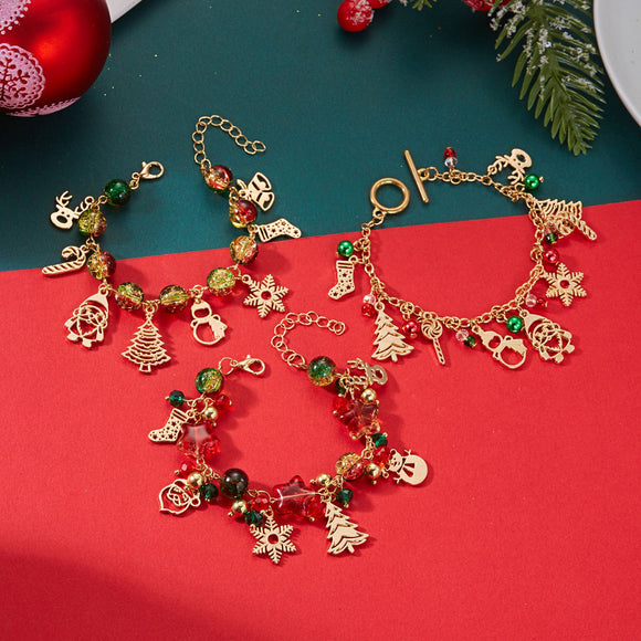 #2 Christmas Charm Colourful Beaded Bracelet for Women (Boxed) - Zinc Alloy Holiday Jewellery Gift with Christmas Tree, Santa Claus, Snowflake and Snowman Pendants