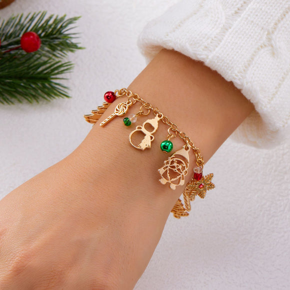 #3 Christmas Charm Colourful Beaded Bracelet for Women (Boxed) - Zinc Alloy Holiday Jewellery Gift with Christmas Tree, Santa Claus, Snowflake and Snowman Pendants