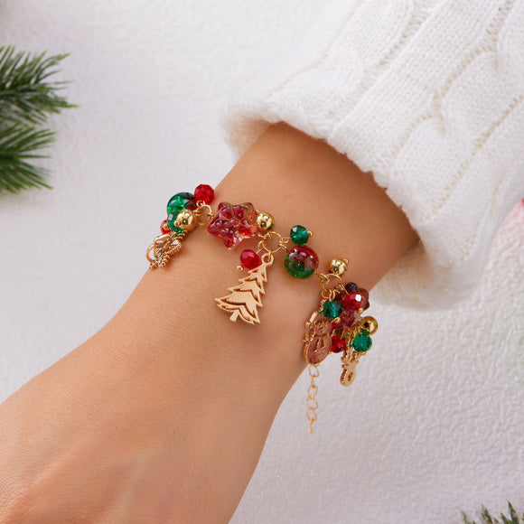 2-Piece Christmas Charm Colourful Beaded Bracelets Set for Women (Boxed) - Zinc Alloy Holiday Jewellery Gift with Christmas Tree, Santa Claus, Snowflake and Snowman Pendants