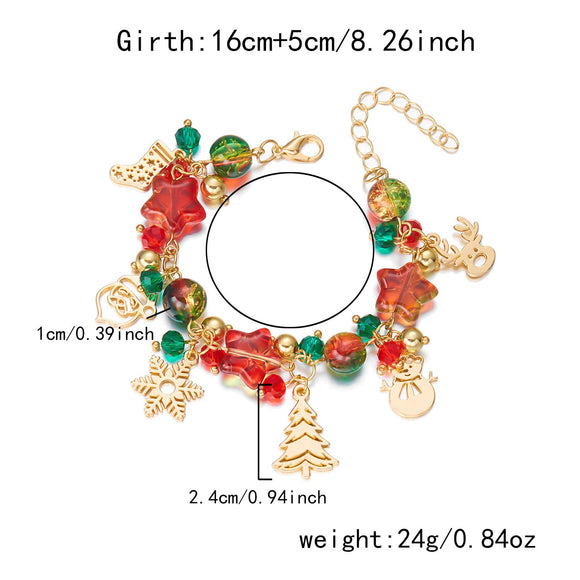 2-Piece Christmas Charm Colourful Beaded Bracelets Set for Women (Boxed) - Zinc Alloy Holiday Jewellery Gift with Christmas Tree, Santa Claus, Snowflake and Snowman Pendants