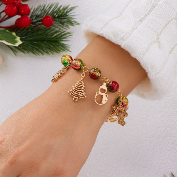 2-Piece Christmas Charm Colourful Beaded Bracelets Set for Women (Boxed) - Zinc Alloy Holiday Jewellery Gift with Christmas Tree, Santa Claus, Snowflake and Snowman Pendants