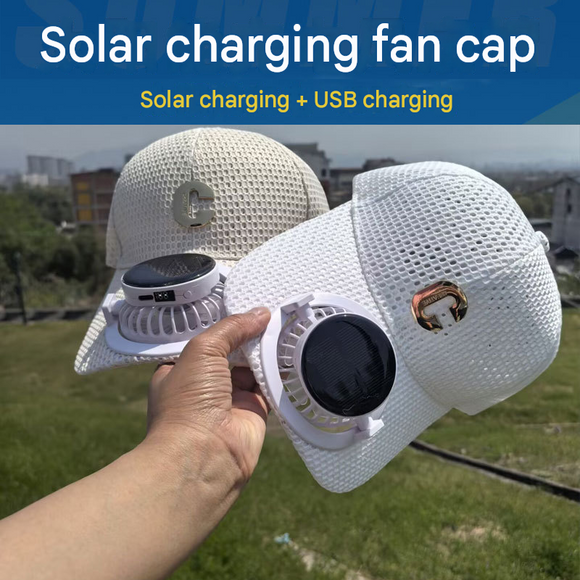 Grey Solar Powered Fan Hat - Breathable Mesh Cap with USB Rechargeable Cooling Fan, LED Display, Adjustable Brim for Outdoor Fishing Camping Hiking Summer Heat Relief